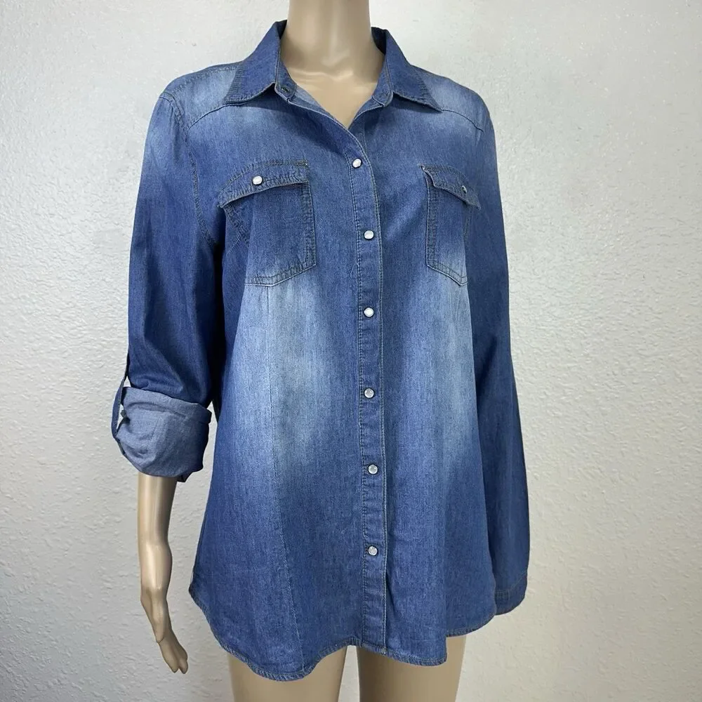 Cavalini Denim Collection Top XLarge, 3/4 Roll Tab Sleeve Shirt Blue Cowgirl - Picture 2 of 9
